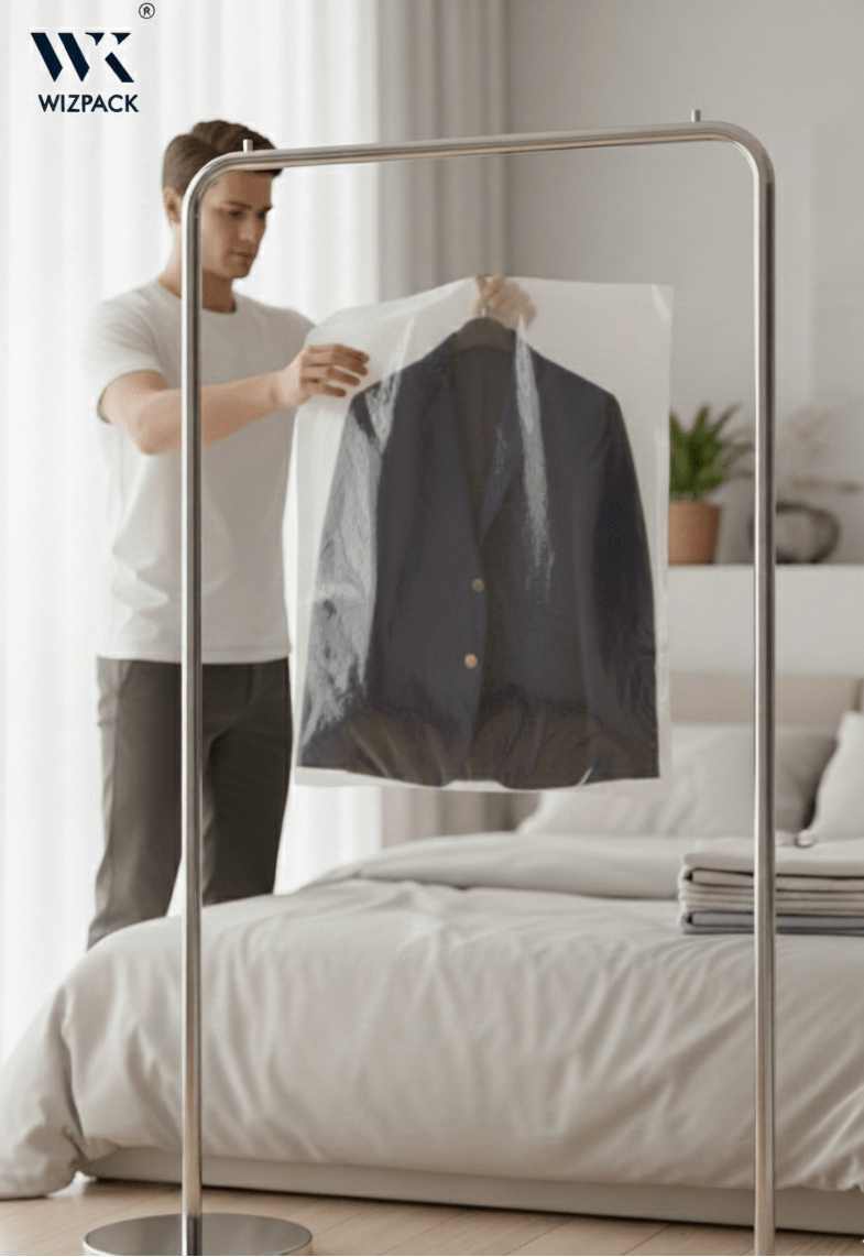 Clear Plastic Garment Bags for Suits, Coats, Blazers (24" W x 36" H) | Dry Cleaning Polybag Covers on Hanger | 5 LDPE Quality | Pack of 50 pieces. - Laundry packaging